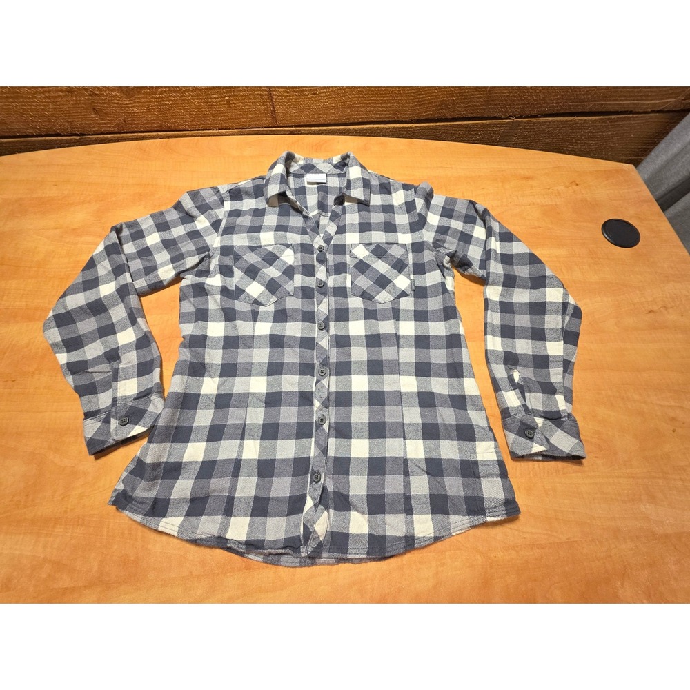 Columbia Womens Navy/Gray White Buffalo Plaid Flannel Button Down Shirt Medium